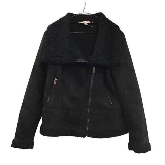 Black Faux Suede Faux Sherpa Moto Jacket, Size M - Picture 1 of 11
